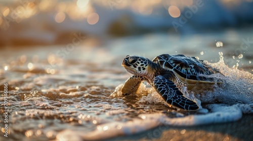 Generative AI image of sea turtle on the beach