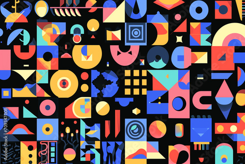 The image is a vibrant collection of various geometric shapes and abstract icons in multiple colors set against a dark background, creating a retro-inspired pattern