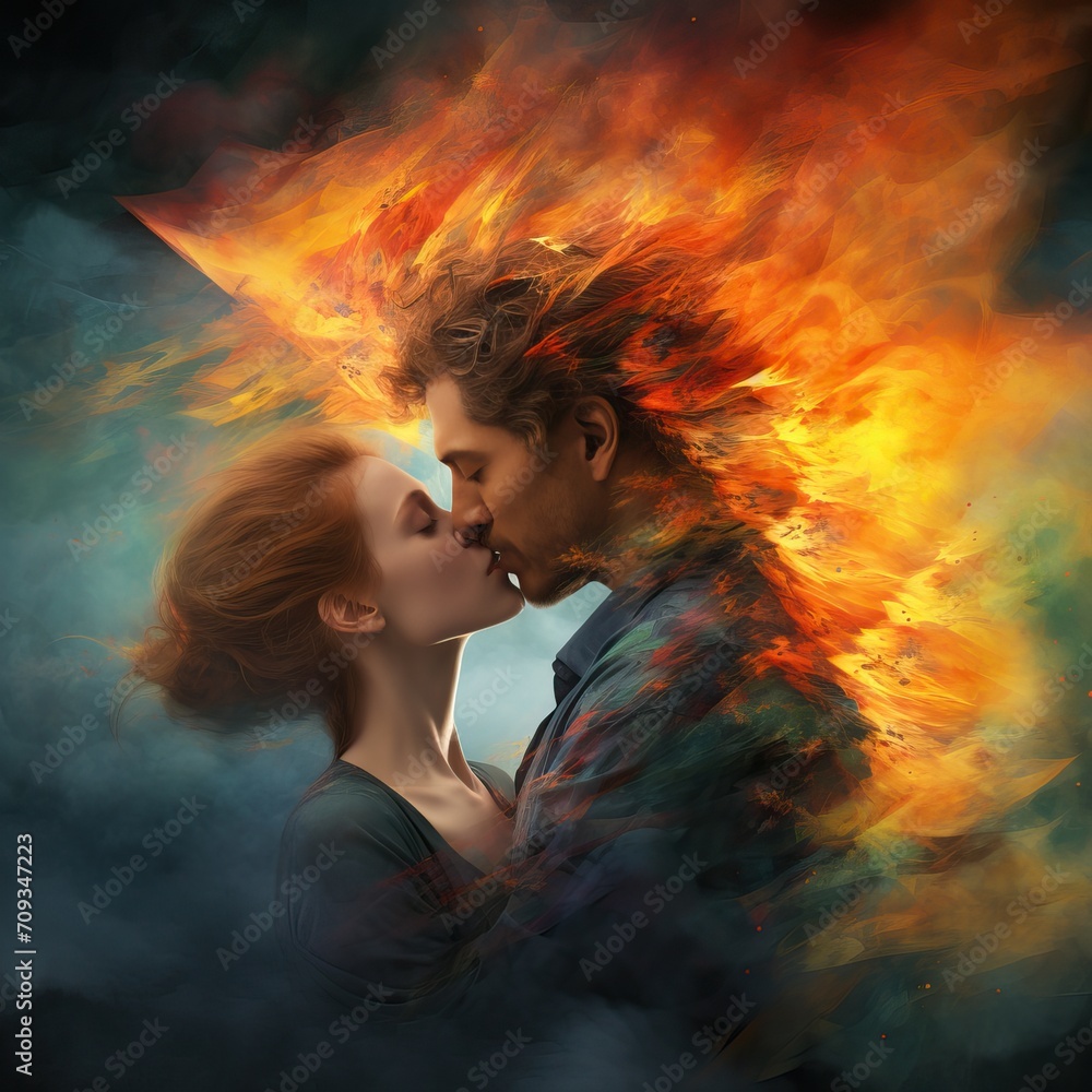 Surreal Love: Kiss Amidst Vibrant Smoke and Dreams, themes of love, dreams, and the extraordinary nature of the moment.