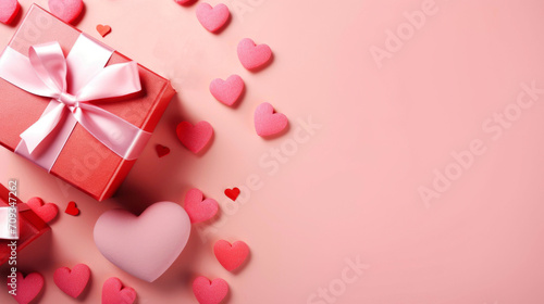 Valentine's day background with hearts and gift box on pink