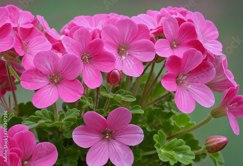 Vibrant pink geranium close-up against green backdrop