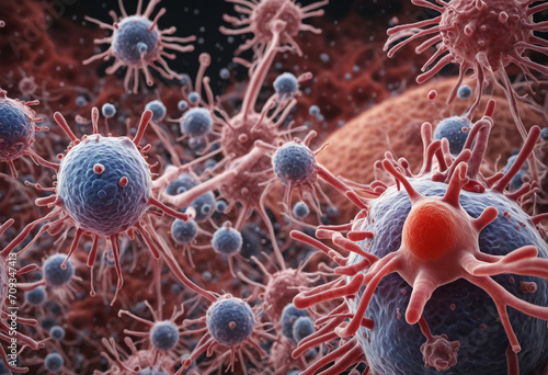 Understanding the role of tumor microenvironment in oncology research - involving cancer cells, T-Cells, nanoparticles, molecules, and blood vessels.