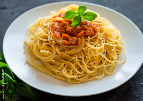 spaghetti on a plate black table background