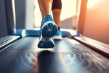 Running shoes of a person running on a treadmill close-up, working out at the gym, cardio training