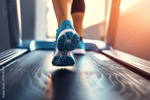 Running shoes of a person running on a treadmill close-up, working out at the gym, cardio training photo