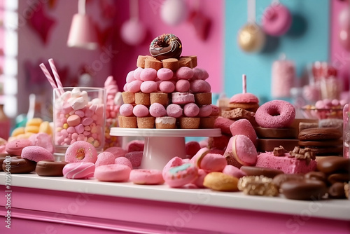 Stalls with sweets, cakes and candies in a candy store with pink walls and large windows