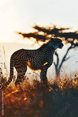 Generative AI image of a full body side silhouette of cheetah with double exposure of African savannah in silhouette