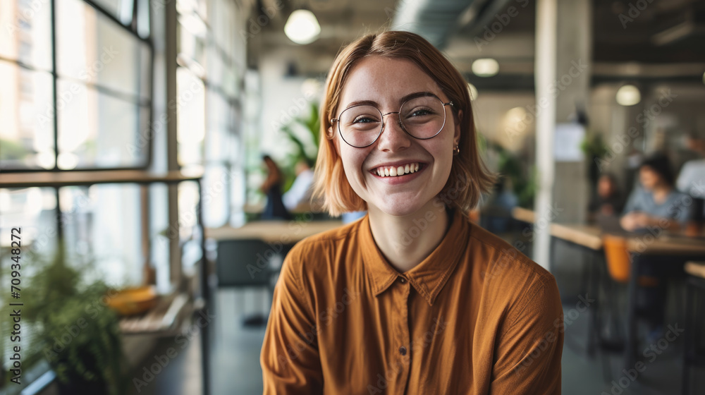 Joyful young woman with glasses is smiling broadly at the camera with a blurred office background