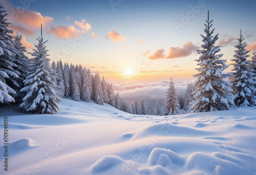 Idyllic snowy scenery with evergreen trees and snow banks. Festive holiday greeting backdrop with room for your message. A magical winter scene. © SR07XC3