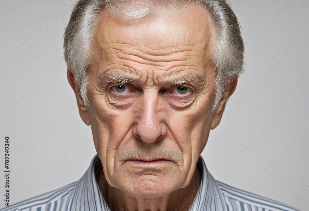Elderly man wearing a serious and concerned expression, appearing sad and unhappy. Elderly man wearing a serious and concerned expression, appearing sad and unhappy.