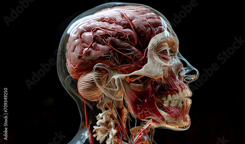 Transparent human head, visible organs inside. Medical research photo
