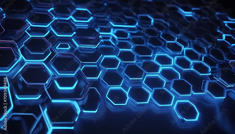 Fototapeta premium Abstract futuristic background with hexagons and blue neon lights. 3d rendering, 3D rendering of abstract hexagon background with blue neon lights