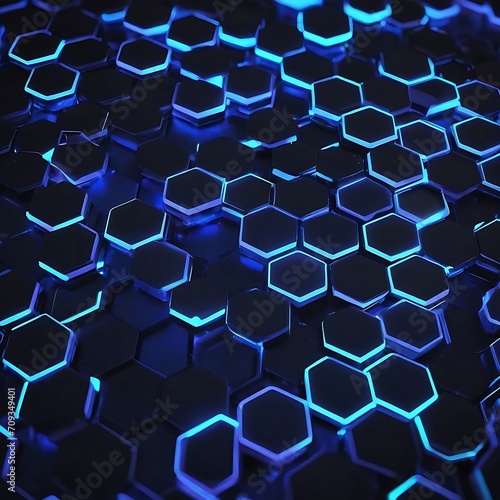 Abstract futuristic background with hexagons and blue neon lights. 3d rendering, 3D rendering of abstract hexagon background with blue neon lights