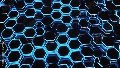 Abstract futuristic background with hexagons and blue neon lights. 3d rendering  3D rendering of abstract hexagon background with blue neon lights