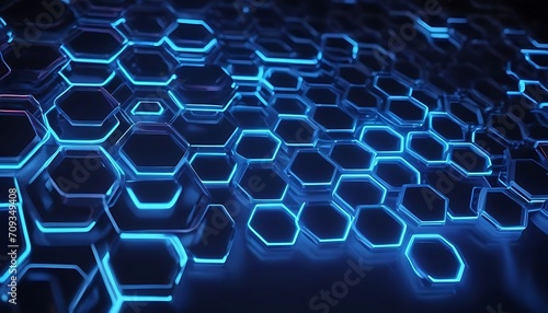 Abstract futuristic background with hexagons and blue neon lights. 3d rendering  3D rendering of abstract hexagon background with blue neon lights