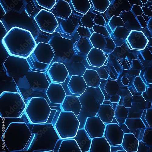 Abstract futuristic background with hexagons and blue neon lights. 3d rendering, 3D rendering of abstract hexagon background with blue neon lights