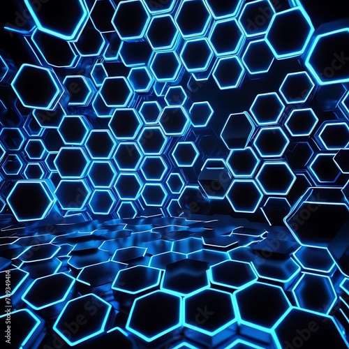 Abstract futuristic background with hexagons and blue neon lights. 3d rendering, 3D rendering of abstract hexagon background with blue neon lights