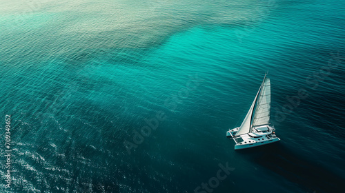 A solitary catamaran sailboat floating in the midst of a pristine tropical ocean, captured from above photo