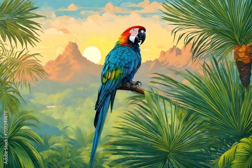 A parrot perched on a palm tree  against the backdrop of a tropical paradise
