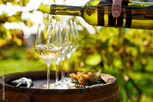 A man pours white wine into glasses on a wooden barrel