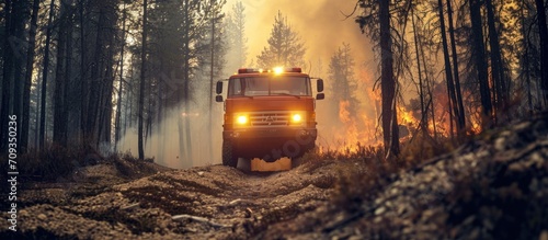 Fire truck navigates challenging terrain while responding to a forest fire. photo