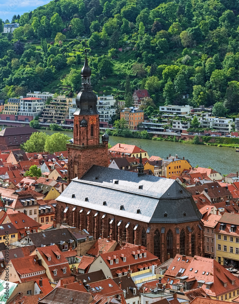 Church of the Holy Spirit in Heidelberg Old Town, Germany. View from the lower slope of Konigstuhl hill. The church was constructed between 1398 and 1515.