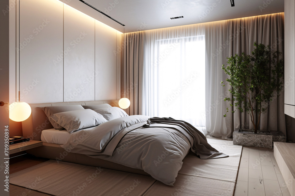 A modern cosy gray minimalistic bedroom, interior design A modern cosy gray minimalistic bedroom, interior design