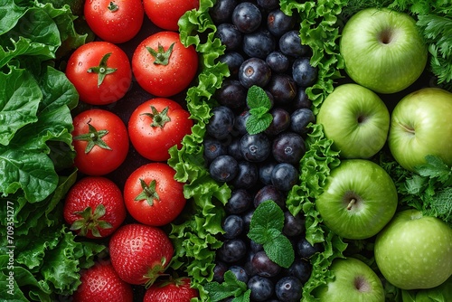 Healthy food. Vegetables and fruits. On a black concrete background. Top view. Copy space