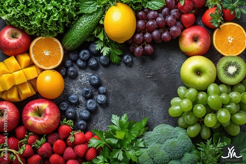 Healthy food. Vegetables and fruits. On a black concrete background. Top view. Copy space