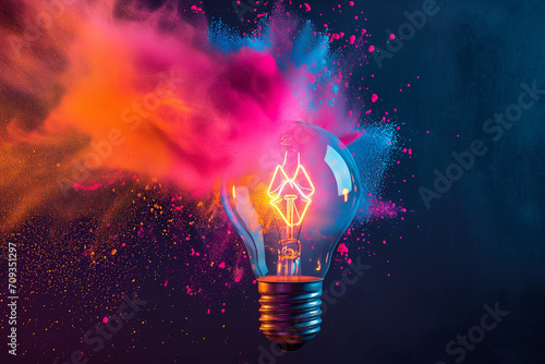 A light bulb is illuminated and bursting with a dynamic explosion of vibrant pink and blue powders against a dark background