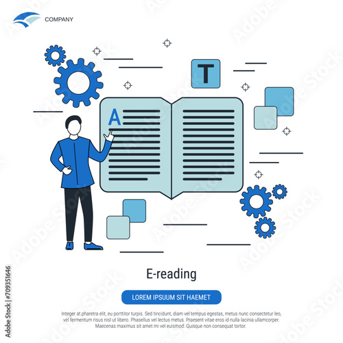 E-reading, digital book flat contour style vector concept illustration