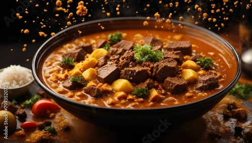 Beef curry with pasta, sauce, rice and vegetables, ,menu concept.