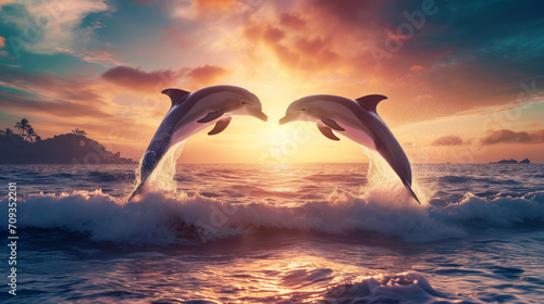 Fotografia Dolphins Leaping at Sunset near Tropical Island