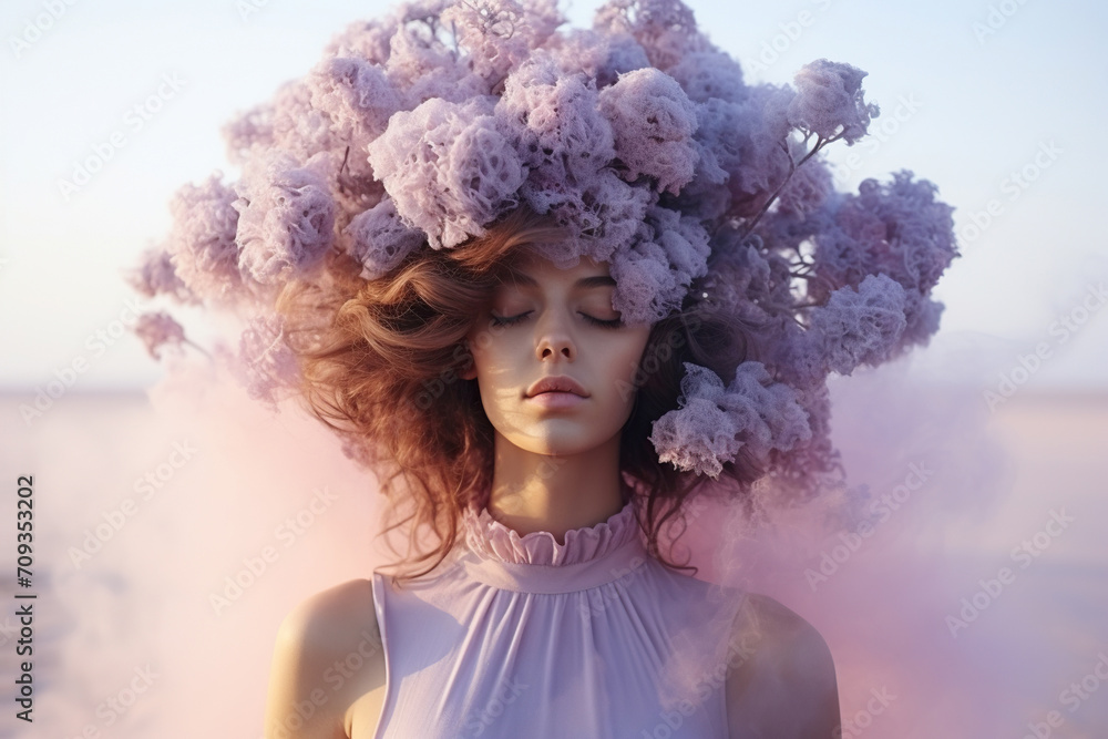 A young girl with a purple cloud in her hair. Concept of harmony and mental health. Generated by artificial intelligence