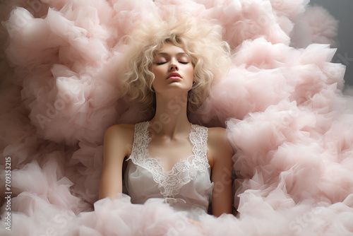 Attractive young woman with closed eyes in pink soft clouds. Concept of mental health, dreams. Generated by artificial intelligence