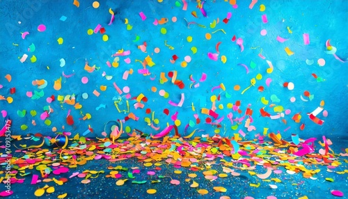 a festive and colorful party with flying neon confetti on a blue background © Faith