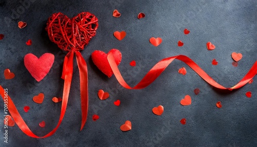 bright scarlet ribbon and hearts made of handmade felt valentine s day dark background