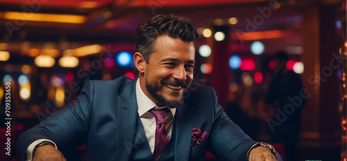 Happy man playing in a casino lucky