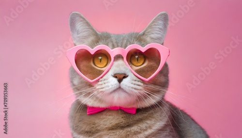 cat wearing heart shaped glasses pink background valentine s day