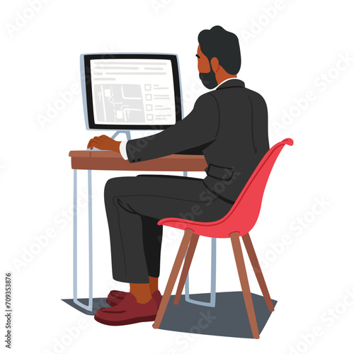 Man Successfully Navigates A Computerized Driving Test At The Driving School. Character Showcasing His Proficiency