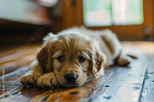 cute golden retriever puppy laying head down and looking to side, trying to fall asleep on wooden floor