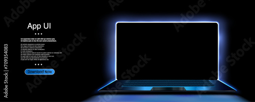 A vector illustration of a technological background featuring a laptop situated on a desk in a dark room with blue lighting. It’s a portable neon computer with a blank screen.
