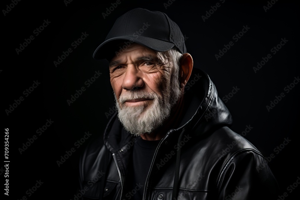 Portrait of an old man in a baseball cap on a black background. Portrait of an old man in a baseball cap on a black background.