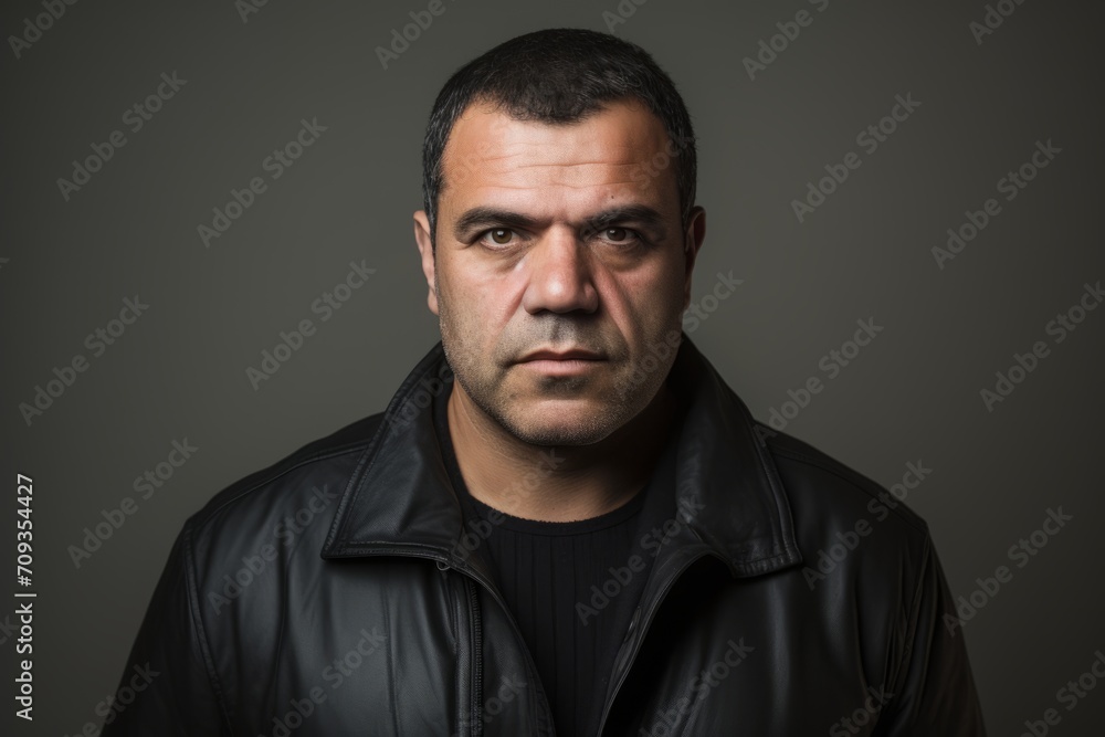 Portrait of a man in a black leather jacket on a dark background