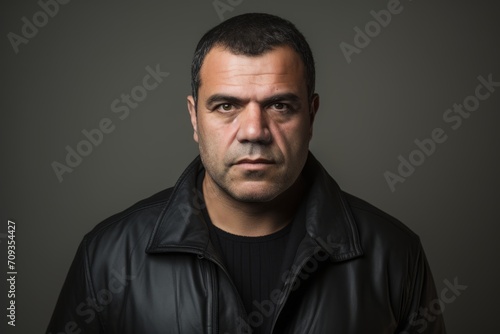 Portrait of a man in a black leather jacket on a dark background