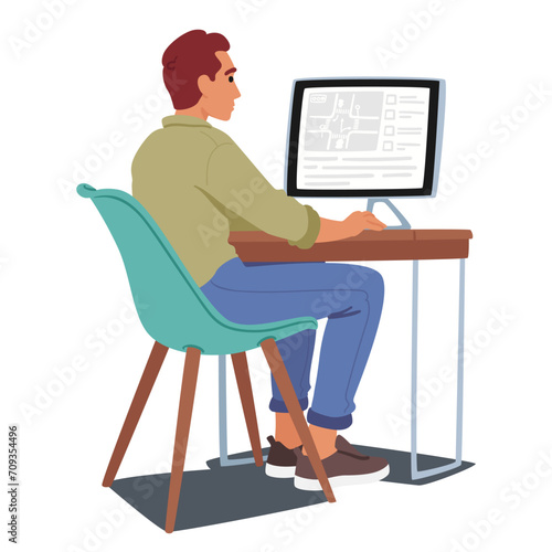 Man Successfully Navigates A Computerized Driving Test At The Driving School. Character Demonstrating Proficiency