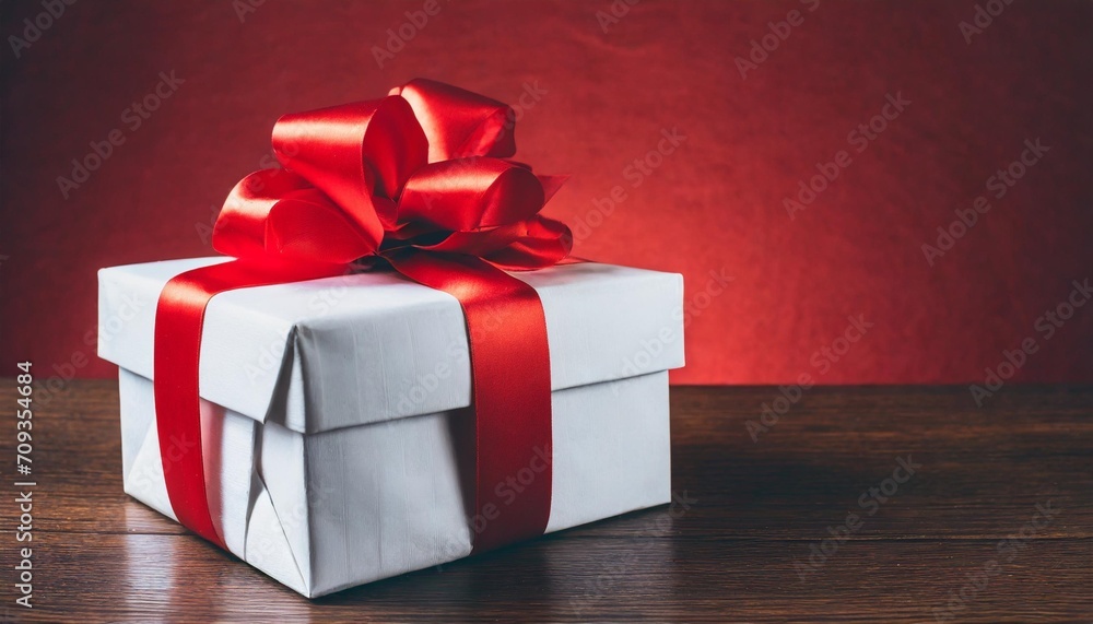 paquet cadeau blanc avec un noeud rouge centre sur un fond rouge fonce degrade avec un espace negatif pour texte pour noel st valentin nouvel an chinois ou anniversaire - obrazy, fototapety, plakaty 