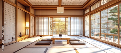 Elegantly styled Japanese room with Shoji doors and Tatami seating. photo