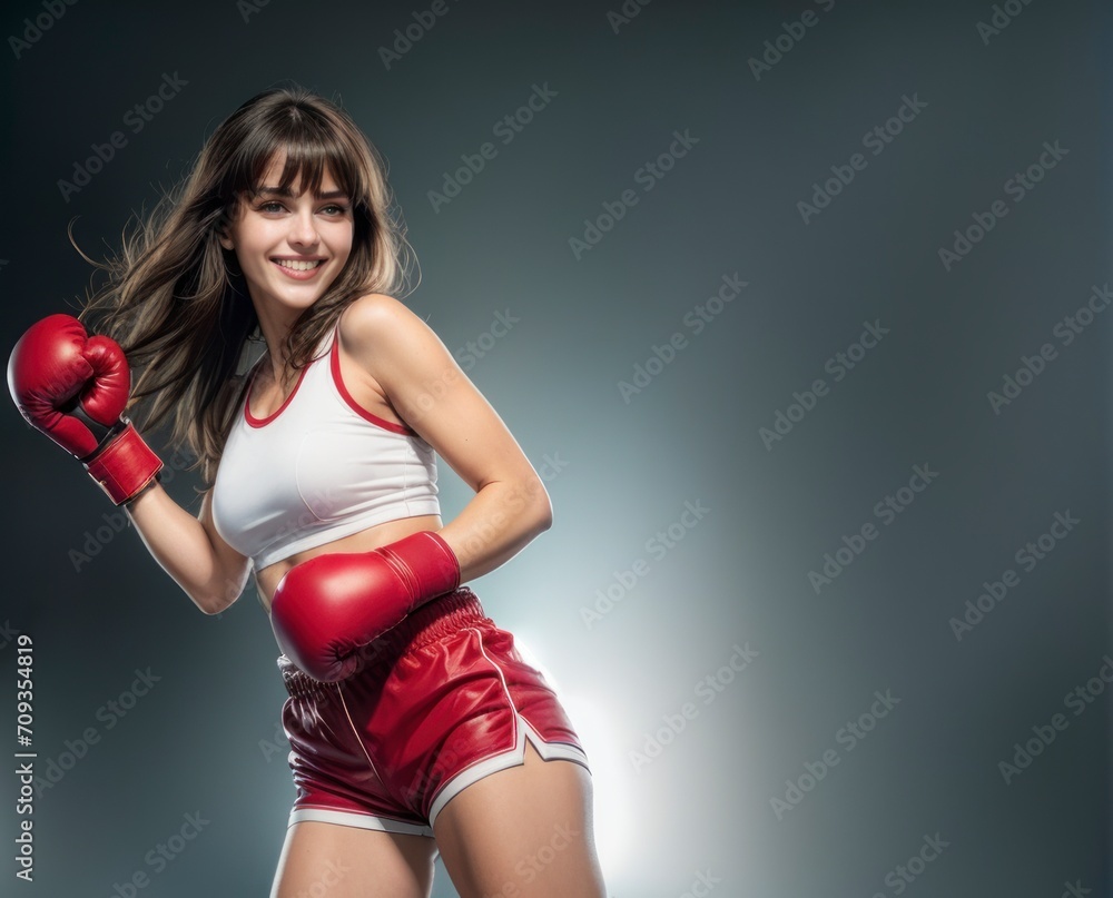 Photorealistic banner young female boxer posing in sports clothes and boxing gloves on gray background, background for design for Valentine's Day or Women's Day, space for text
