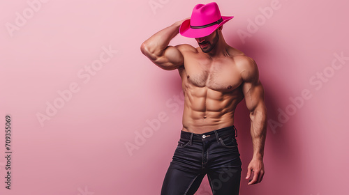 Bad Cowboy in Pink Tones - Adding a Sexy and Edgy Flair to the Wild West Aesthetic with Bold Pink Tones, Copy space	